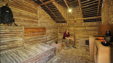 Building Bushcraft Underground DUGOUT Shelter, START to FISHISH ,Clay Fireplace , Survival Skills