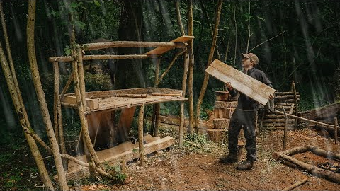 Building a Camp in a Heavy Thunderstorm, Rain & Hail: Camp Kitchen | Bushcraft | Survival Shelter