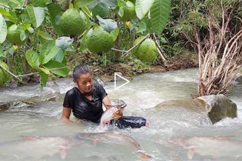 Catch fish by hand in river flow - Natural guava fruit with Salt chili for food in jungle