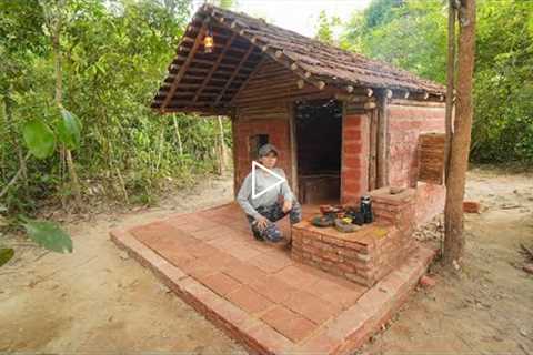 Building Complete Bushcraft Brick Shelter With Wooden roof, Clay Fireplace, START to FHISH