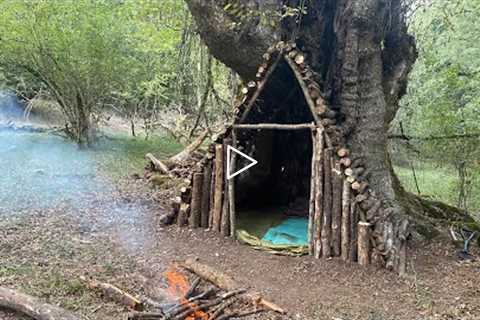 Build Bushcraft Survival Shelter In The Trunk & Solo Overnight In The Bushcraft Tree Hut