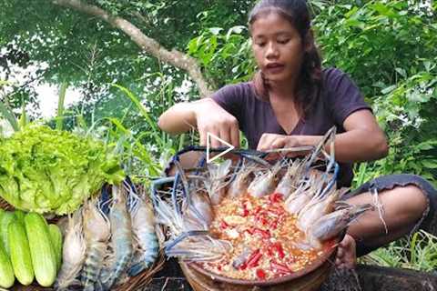 Lobster salad with Hot chili sauce for food at river - Seafood yummy in forest