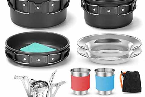 Odoland 16pcs Camping Cookware Mess Kit with Folding Camping Stove, Non-Stick Lightweight Pots Pan..