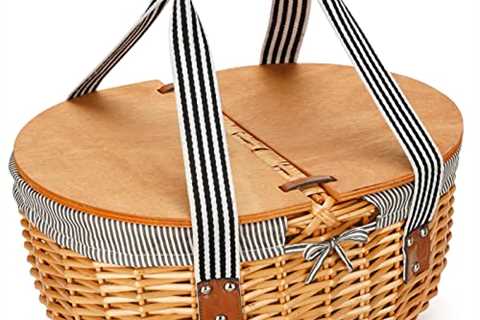 Wicker Picnic Basket with Double Wooden Lids & Folding Handles, Country Style Picnic Hamper,..